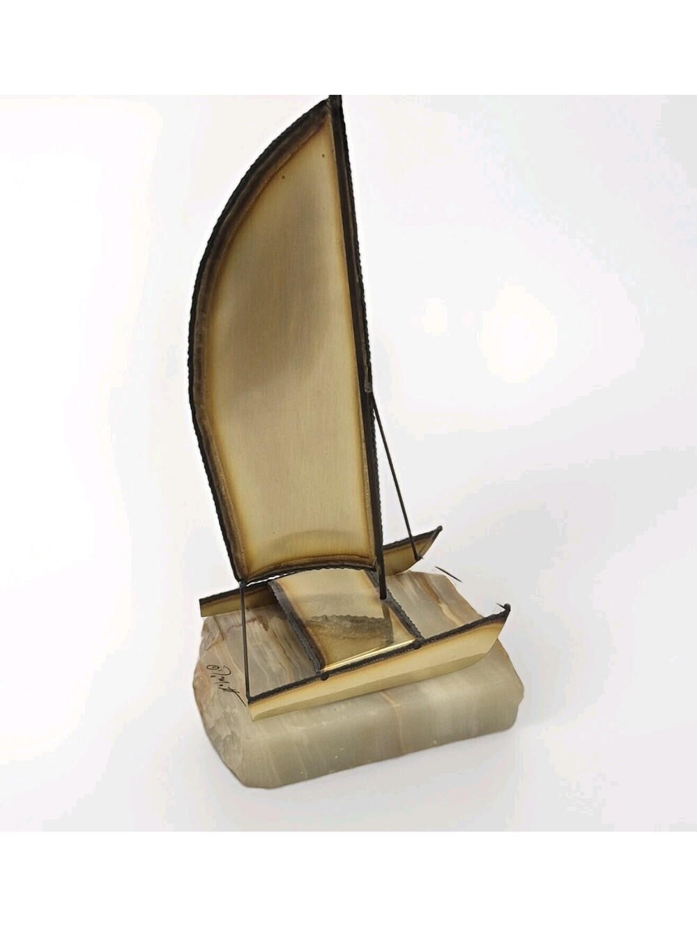 Vintage John DeMott Signed Brass 12" Sailboat Statue On Onyx Base